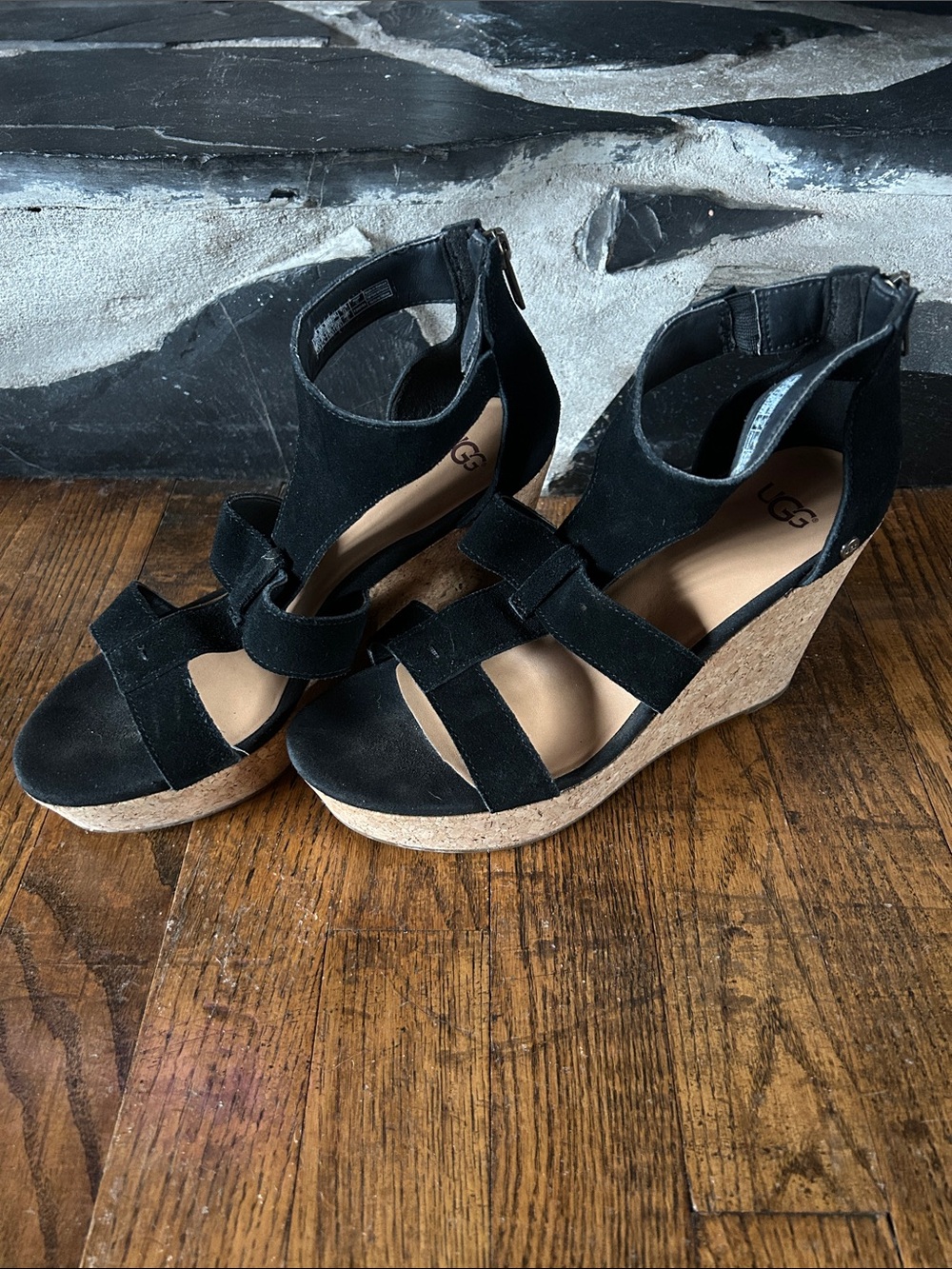 UGG Black Suede Cork Wedge Sandals with Ankle Zip